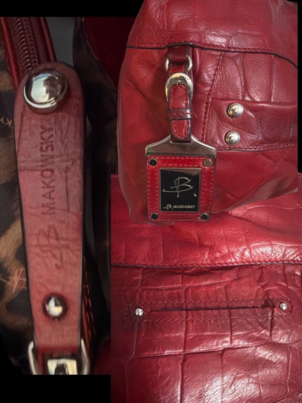 B Makowsky Shoulder Bag A95523 Red Croc Embossed Leather Hobo Satchel +Bag Charm - Picture 8 of 10